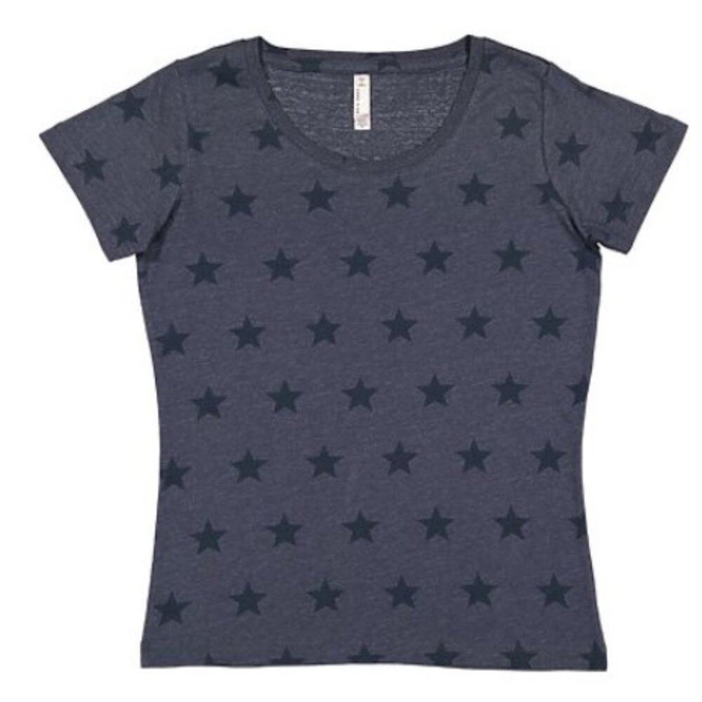 Code Five Ladies Star Print Tee Denim Blue Size Medium Short Sleeves Scoop Neck